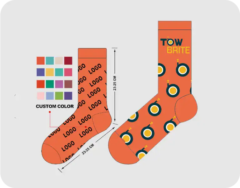 Bright orange sock featuring a bold logo and circular pattern, ideal for custom branding or personalized gift ideas.