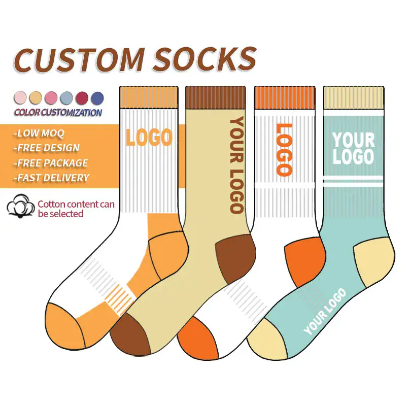Image showcasing customizable sock designs featuring various colors, logos, and patterns, ideal for personalized gifts, branding, or promotional purposes.