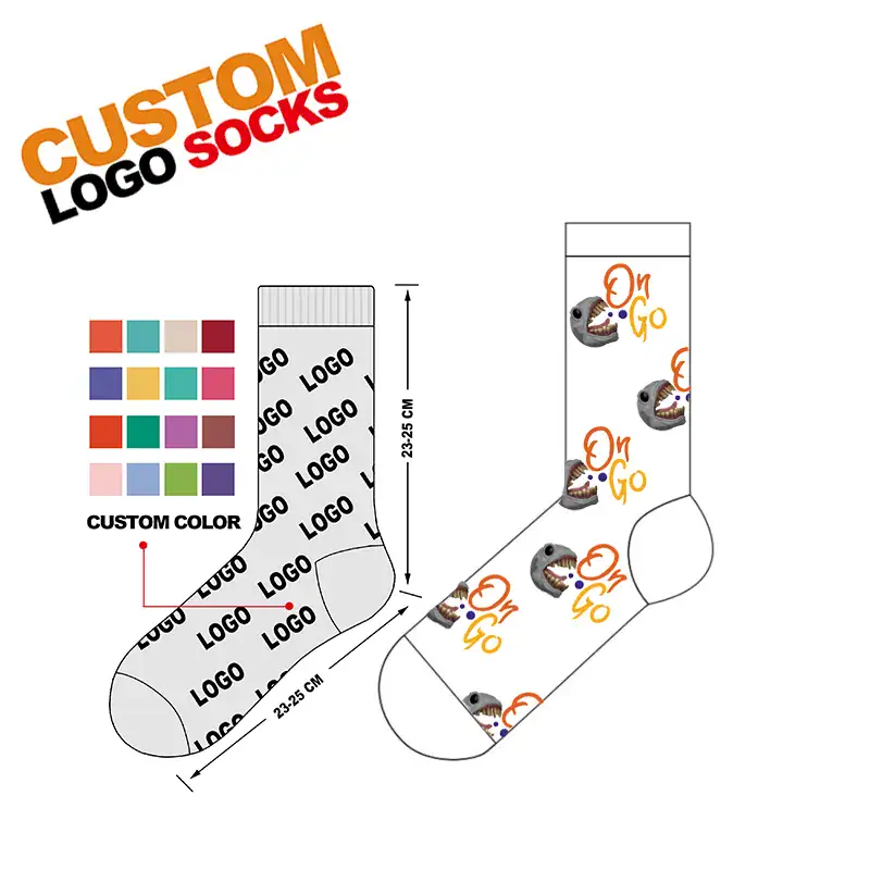 Custom logo socks with playful design featuring a cute animal character and vibrant "On Go" text, perfect for personalized gift or promotional branding.