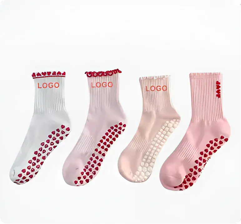 Adorable pastel-colored socks featuring heart and logo designs, ideal for knitting projects, sock lovers, and fashion accessories.