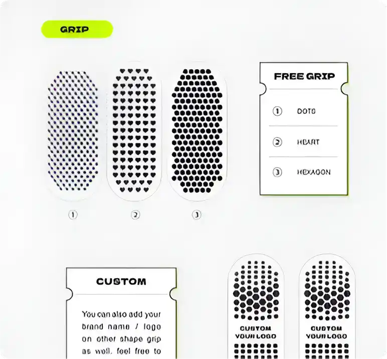 Illustration showing different knitting needle grip patterns, including free grip and custom grip options, with detailed visual examples for ergonomic knitting.