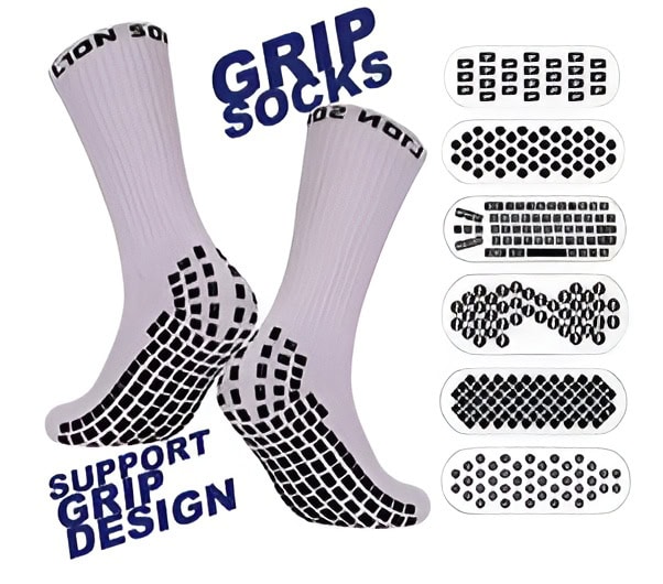 White grip socks with black anti-slip sole patterns, designed for knitting, sports, and active wear, featuring support and grip for enhanced stability and comfort.