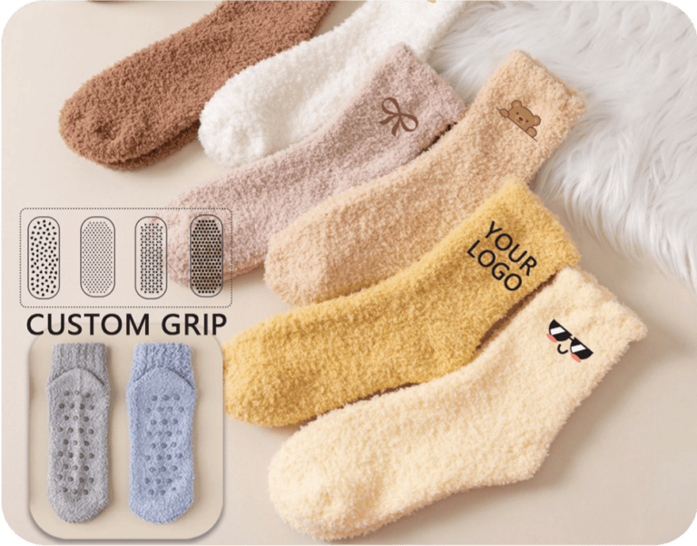 Colorful, soft knit socks with non-slip grip soles, perfect for comfort and safety. Customizable with your logo or design, ideal for gifts, promotional items, or personal use.