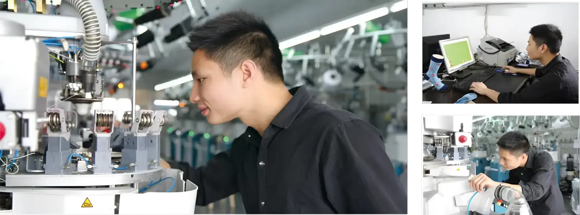 High-precision sock knitting machine in a factory setting, with a technician inspecting the equipment.