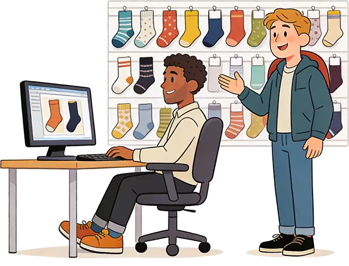 Illustration of two men discussing sock designs in a sock store, with colorful socks displayed on the wall behind them, highlighting custom sock options and creative collaboration.