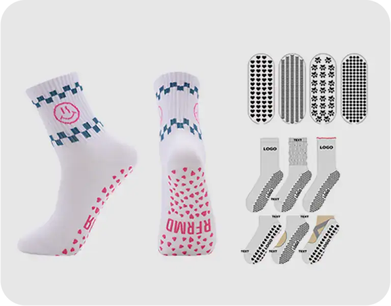 Set of colorful sock knitting patterns with various sole designs, perfect for creating custom socks with unique textures and styles. Ideal for knitting enthusiasts and craft projects.