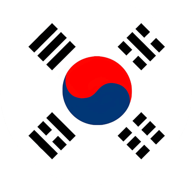 South Korea national flag featuring the Taegeuk symbol in red and blue, surrounded by four black trigrams on a white background, representing harmony and balance.
