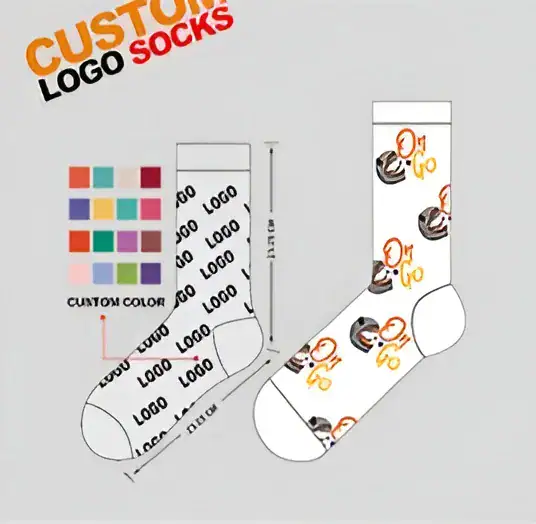 Custom logo socks design template showing color options and placement for personalized branding on socks. Perfect for promotional gifts, corporate branding, or custom apparel.