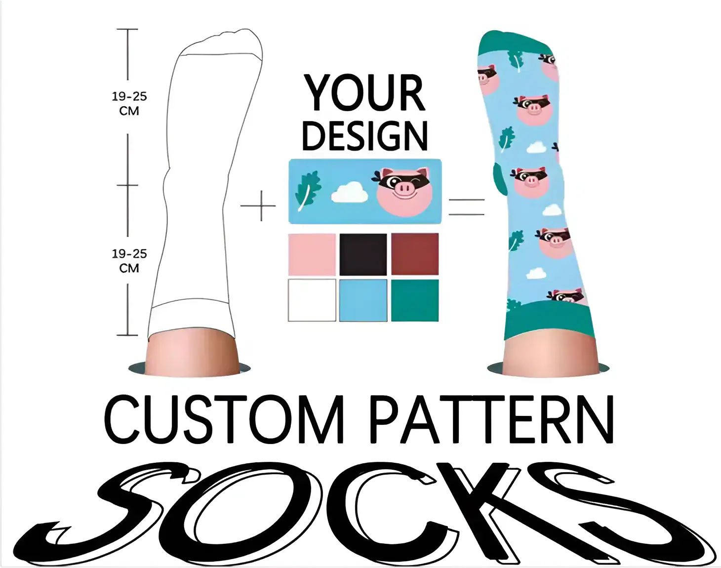 Customizable socks with playful pig design and vibrant colors.