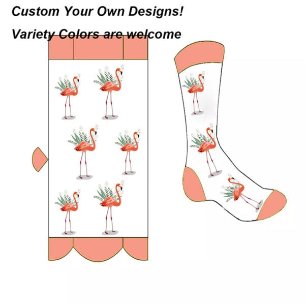 Colorful flamingo pattern socks designed for Pilates, featuring a vibrant flamingo and foliage print on a white background with pink accents.