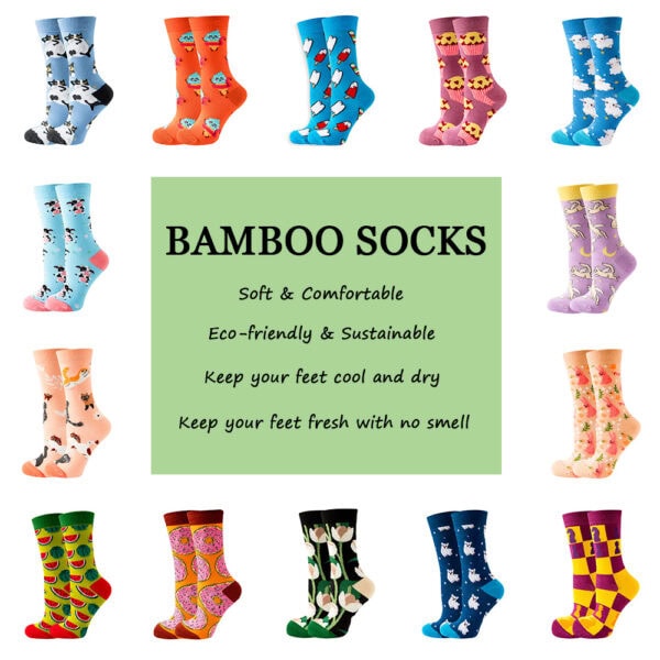 Collection of colorful bamboo socks for Pilates, featuring various patterns and vibrant colors, promoting comfort, eco-friendliness, and foot health.