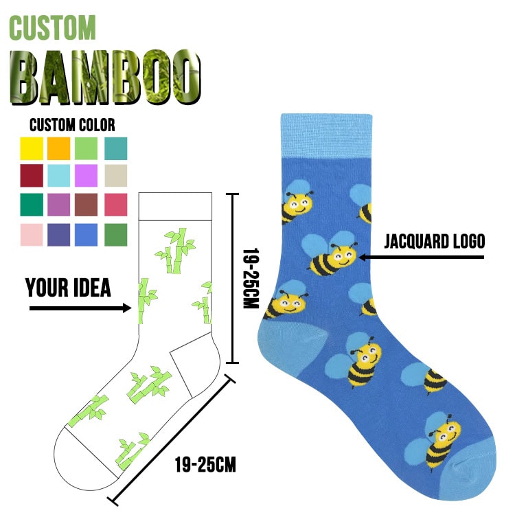 Blue bamboo fiber sock with bee and honeycomb pattern, jacquard logo, ideal for Pilates and yoga activities.