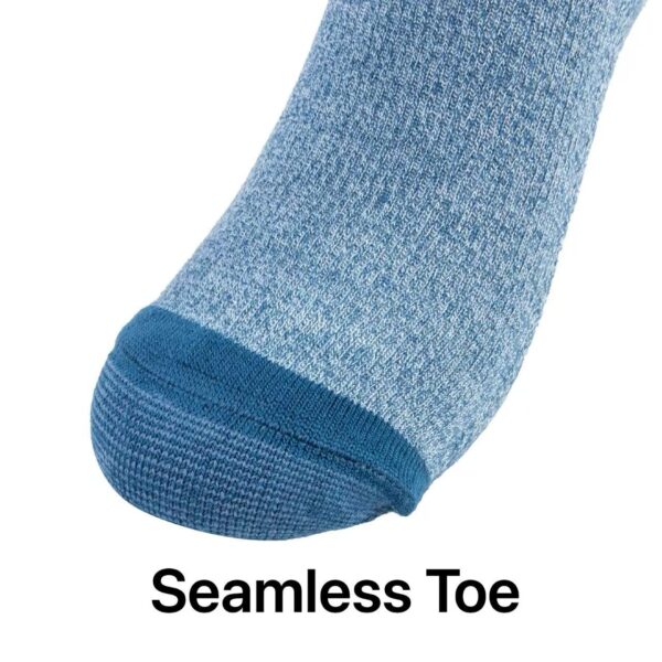 Close-up of a blue bamboo sport sock featuring a seamless toe design for comfort and durability.