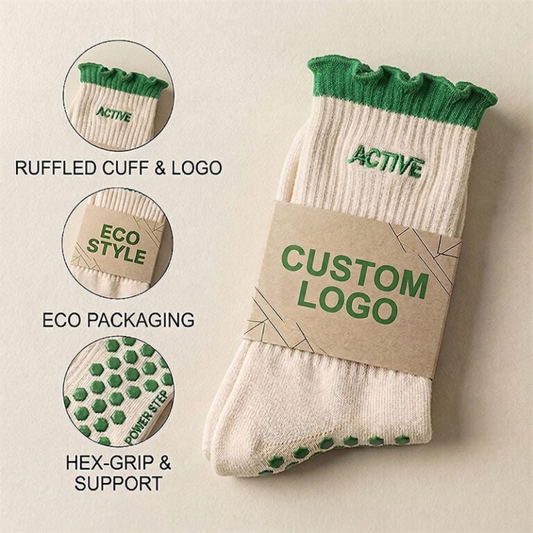 Close-up of bamboo compression sock featuring ruffled cuff, eco-friendly packaging, and hex-grip support for enhanced comfort and stability.