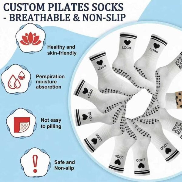 Set of breathable, non-slip Pilates socks with logo and dotted grip soles, designed for comfort, moisture absorption, and safety during workouts.