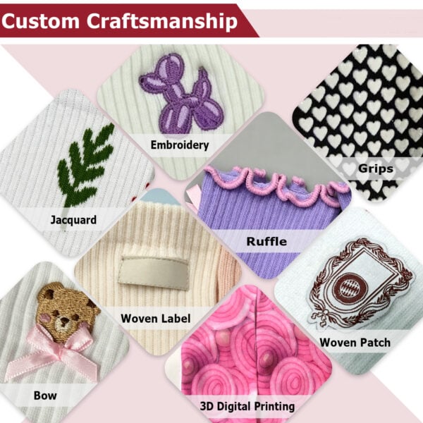 Close-up of various sock customization features including embroidery, jacquard, grips, ruffle, woven label, woven patch, bow, 3D digital printing, showcasing craftsmanship and design options.