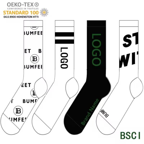 Four custom-designed promotional socks with various logos and text, showcasing branding options for promotional merchandise.