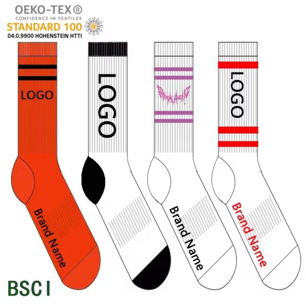 Four different sock designs with customizable logos and patterns for promotional purposes, featuring various colors and styles.