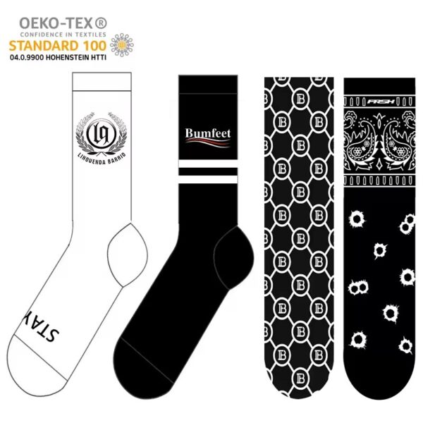 Four different patterned socks with unique designs and branding, showcasing variety for custom promotional sock options.