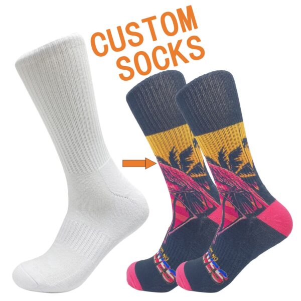 Pair of plain white and colorful custom printed socks with tropical design for business branding and promotional use.