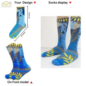 Colorful tropical-themed custom socks with blue and yellow leaf patterns, displayed on foot and in a socks display.