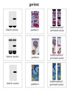 Various custom sock print designs including patterns, sublimation, and printed options for business branding.